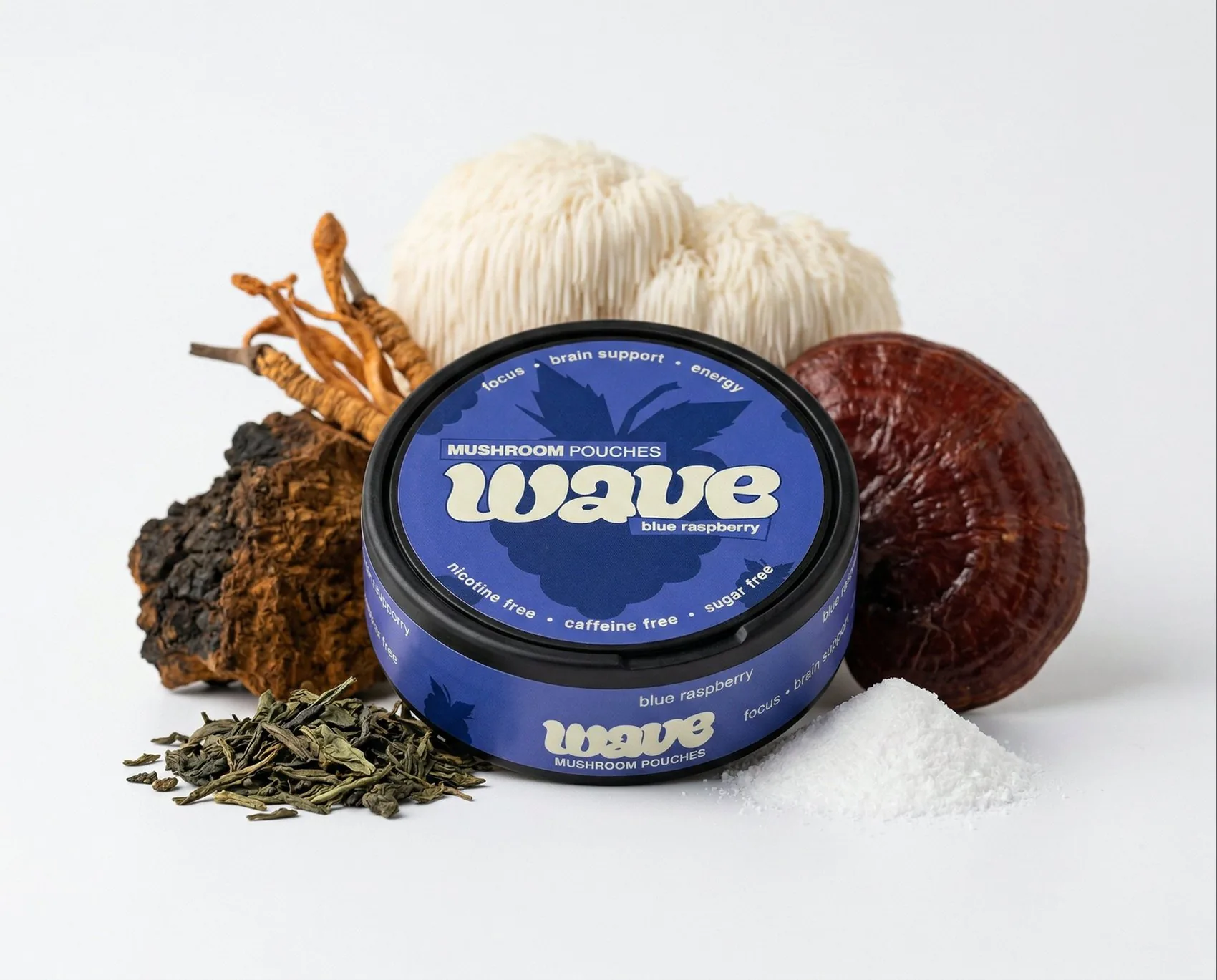 Eine WAVE-Dose zwischen ganzen Pilzen und losen Teeblättern.